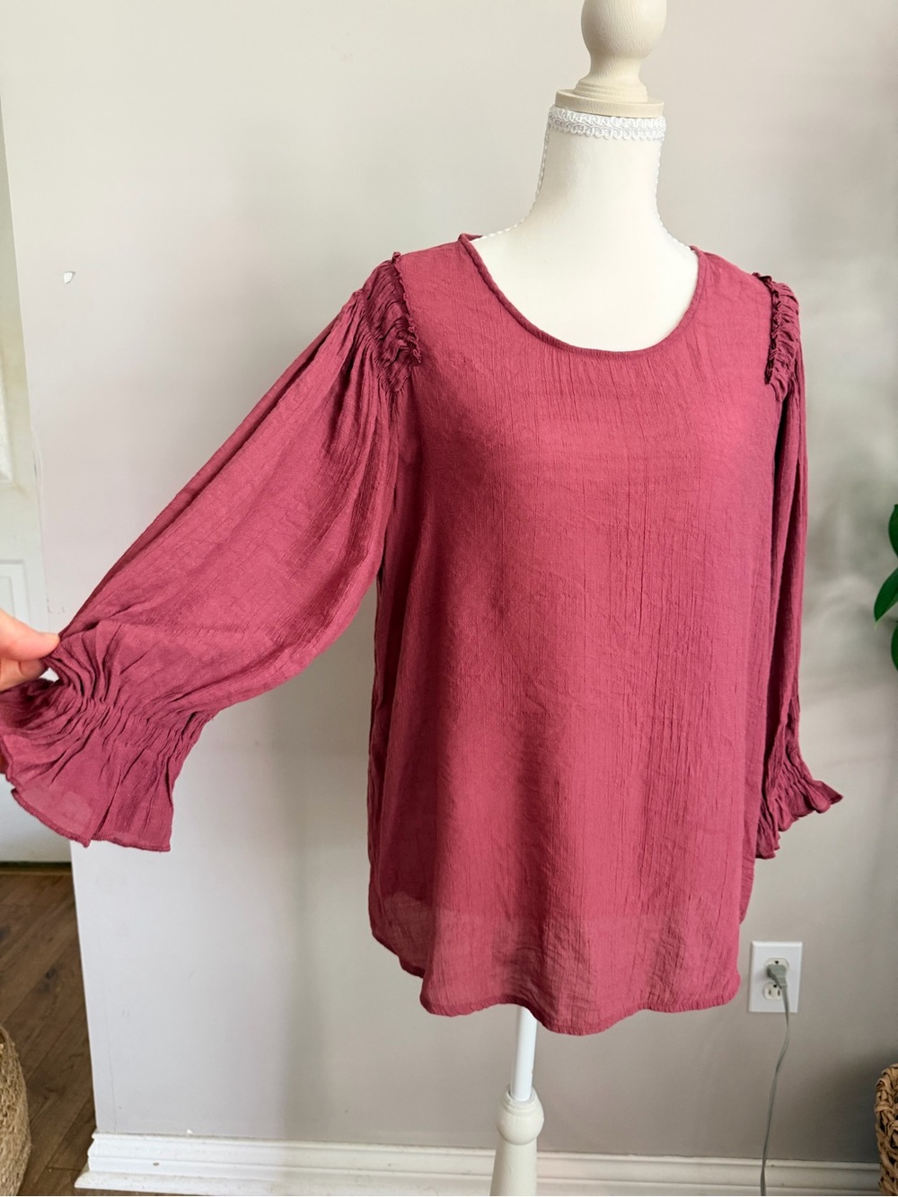 Women's Rose Pink Smocked Shoulder Tunic Top- Size Large